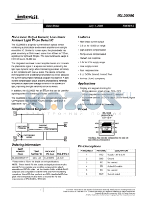 ISL29009 datasheet - Non-Linear Output Current, Low Power Ambient Light Photo Detect IC