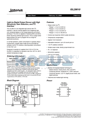 ISL29010 datasheet - Light-to-Digital Output Sensor with High Sensitivity, Gain Selection, and I2C Interface