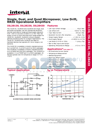 ISL28430 datasheet - Single, Dual, and Quad Micropower, Low Drift, RRIO Operational Amplifiers