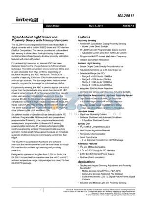 ISL29011IROZ-T7 datasheet - Digital Ambient Light Sensor and Proximity Sensor with Interrupt Function