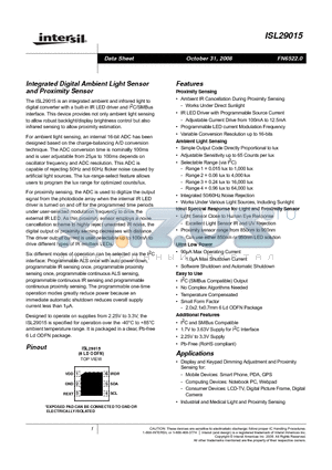 ISL29015 datasheet - Integrated Digital Ambient Light Sensor and Proximity Sensor