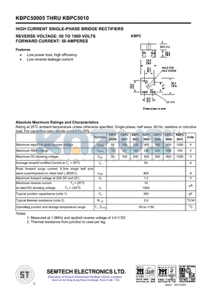 KBPC5006 datasheet - HIGH CURRENT SINGLE-PHASE BRIDGE RECTIFIERS