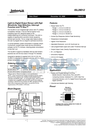 ISL29012 datasheet - Light-to-Digital Output Sensor with High Sensitivity, Gain Selection, Interrupt Function and I2C Bus