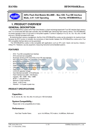 HFDOM44KR016 datasheet - 40Pin Flash Disk Module Min.8MB ~ Max.1GB, True IDE Interface Mode, 3.3V / 5.0V Operating