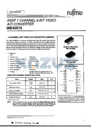 MB40576 datasheet - ASSP 1 CHANNEL 6-BIT VIDEO A/D CONVERTER