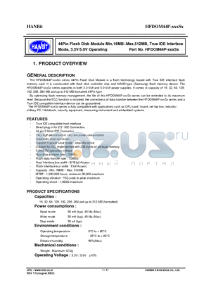 HFDOM44P-128S1 datasheet - 44Pin Flash Disk Module Min.16MB~Max.512MB, True IDE Interface Mode, 3.3V/5.0V Operating