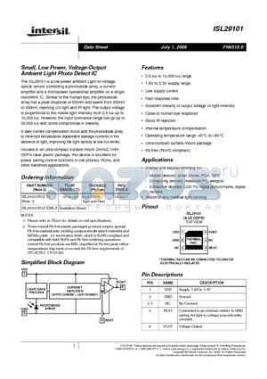 ISL29101IROZ-T7 datasheet - Small, Low Power, Voltage-Output Ambient Light Photo Detect IC