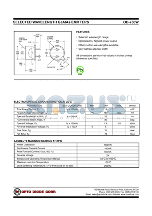 OD-780W datasheet - SELECTED WAVELENGTH GaAlAs EMITTERS