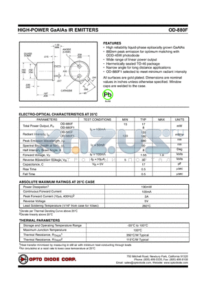 OD-880F datasheet - HIGH-POWER GaAlAs IR EMITTERS