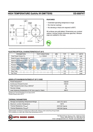 OD-880FHT datasheet - HIGH TEMPERATURE GaAlAs IR EMITTERS