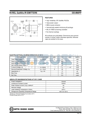 OD-880PP datasheet - HI-REL GaAlAs IR EMITTERS