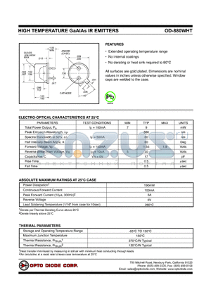 OD-880WHT datasheet - HIGH TEMPERATURE GaAlAs IR EMITTERS