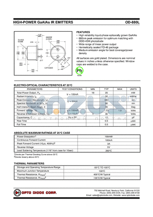 OD-880L datasheet - HIGH-POWER GaAlAs IR EMITTERS