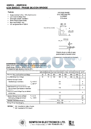 KBPC6 datasheet - 6.0A SINGLE - PHASE SILICON BRIDGE