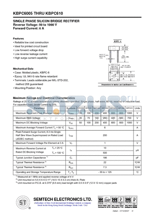 KBPC6005 datasheet - SINGLE PHASE SILICON BRIDGE RECTIFIER
