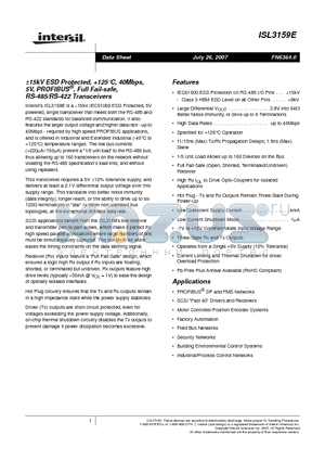 ISL3159EFBZ datasheet - a15kV ESD Protected, 125`C, 40Mbps, 5V, PROFIBUS^, Full Fail-safe, RS-485/RS-422 Transceivers