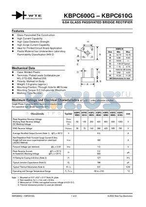 KBPC600G datasheet - 6.0A GLASS PASSIVATED BRIDGE RECTIFIER