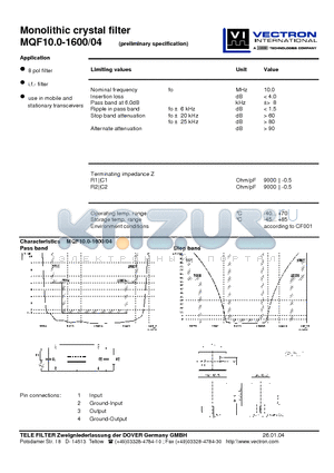 MQF10.0-1600-04 datasheet - Monolithic crystal filter