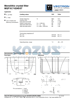 MQF10.7-0240-07 datasheet - Monolithic crystal filter