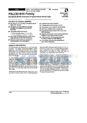 PALCE16V8H-15SC datasheet - EE CMOS 20 PIN UNIVERSAL PROGRAMMABLE ARRAY LOGIC