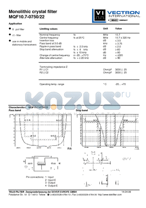 MQF10.7-0750-22 datasheet - Monolithic crystal filter