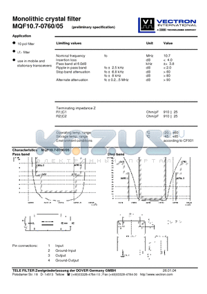 MQF10.7-0760-05 datasheet - Monolithic crystal filter