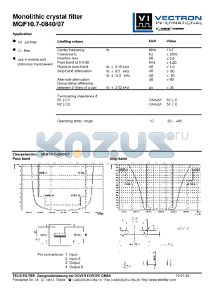 MQF10.7-0840-07 datasheet - Monolithic crystal filter