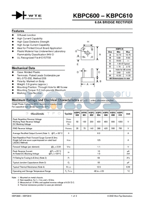 KBPC606 datasheet - 6.0A BRIDGE RECTIFIER