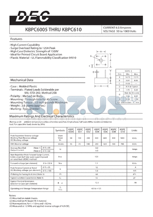 KBPC606 datasheet - CURRENT 6.0 Amperes VOLTAGE 50 to 1000 Volts