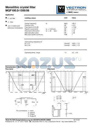 MQF100.0-1500 datasheet - Monolithic crystal filter