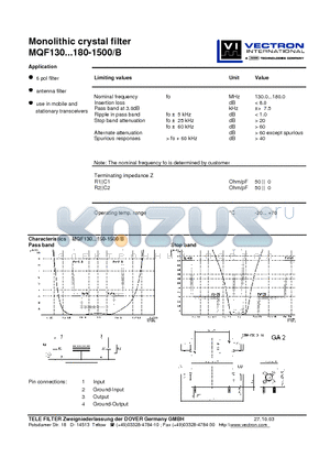 MQF130-1500 datasheet - Monolithic crystal filter