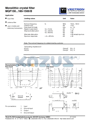 MQF130-1500-B datasheet - Monolithic crystal filter