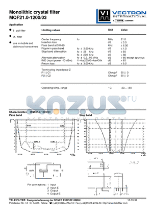 MQF21.0-1200-03 datasheet - Monolithic crystal filter