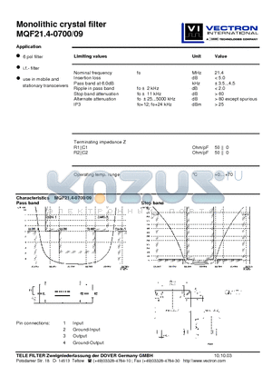 MQF21.4-0700 datasheet - Monolithic crystal filter