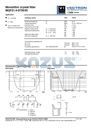 MQF21.4-0730-05 datasheet - Monolithic crystal filter