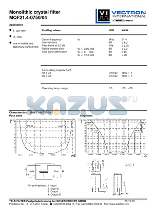 MQF21.4-0750-04 datasheet - Monolithic crystal filter