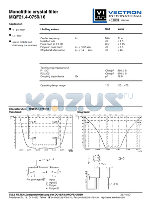 MQF21.4-0750-16 datasheet - Monolithic crystal filter