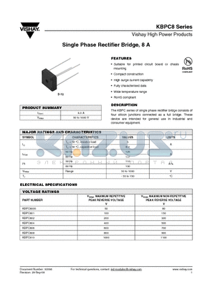 KBPC8005 datasheet - Single Phase Rectifier Bridge, 8 A