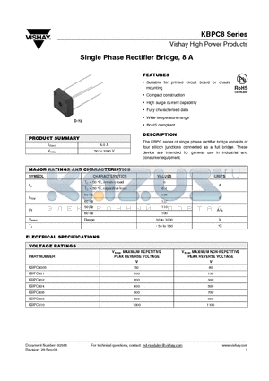 KBPC8005 datasheet - Single Phase Rectifier Bridge, 8 A