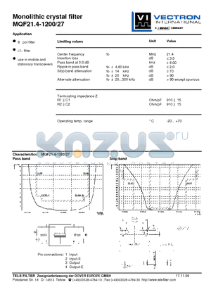 MQF21.4-1200-27 datasheet - Monolithic crystal filter
