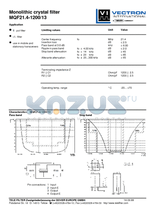 MQF21.4-1200-13 datasheet - Monolithic crystal filter