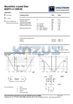 MQF21.4-1200-29 datasheet - Monolithic crystal filter