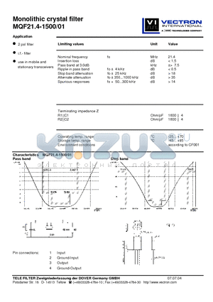 MQF21.4-1500-01 datasheet - Monolithic crystal filter