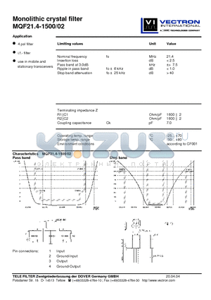 MQF21.4-1500-02 datasheet - Monolithic crystal filter