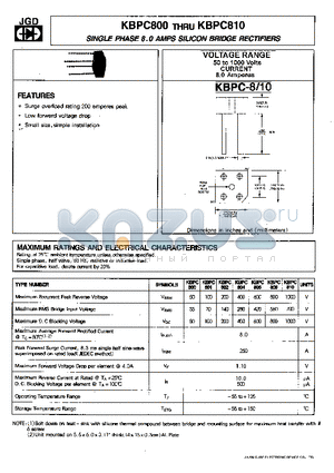 KBPC801 datasheet - SINGLE PHASE 8.0 AMPS. SILICON BRIDGE RECTIFIERS