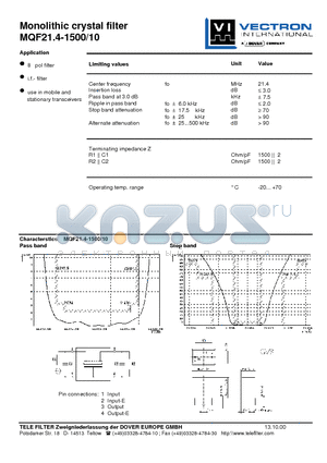 MQF21.4-1500-10 datasheet - Monolithic crystal filter