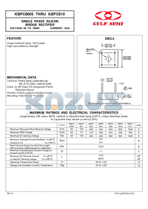 KBPC801 datasheet - SINGLE PHASE SILICON BRIDGE RECTIFIER VOLTAGE: 50 TO 1000V CURRENT: 8.0A