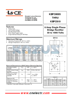 KBPC801 datasheet - 8 amp single phase bridge rectifier 50to1000volts