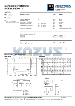 MQF21.4-2000-11 datasheet - Monolithic crystal filter