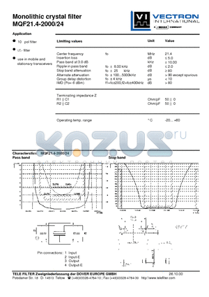 MQF21.4-2000-24 datasheet - Monolithic crystal filter